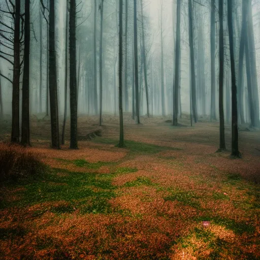 Prompt: photo of misty woods clearing, high definiton, cinematic, high resolution, tall trees, mist, 8 k, photography