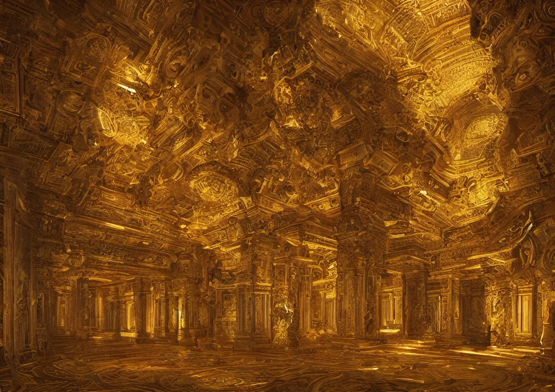 Prompt: hall of gods, with intricate details,, gold lighting by greg ruttowski, trending on artstation