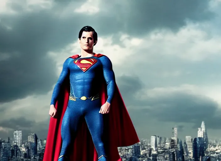 Image similar to film still of superman as a!!! skinny very skinny skinny slim weak man very skinny no muscle skinny skinny emaciated!!! in the new superman movie