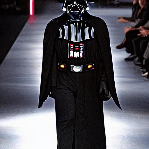 Image similar to a photograph of Darth Vader walking down a fashion show runway, realistic, dramatic lighting, epic