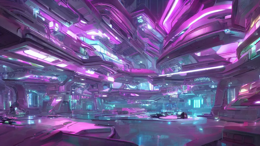 Prompt: sci-fi citadel, with exotic female alien gogo dancers standing on platforms, neon signs, modular shapes, contemporary aesthetic, like concept art on artstation, like zaha hadid