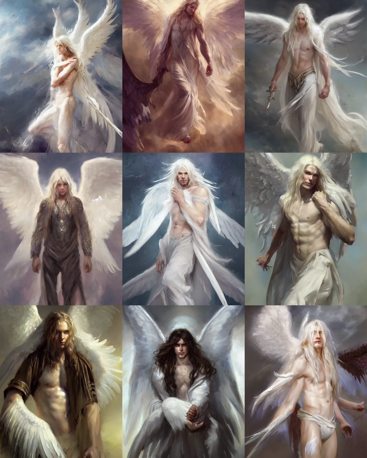 Prompt: the one - winged!!!!!!! angel, male!!!!!!!, long white hair, by daniel gerhartz, trending on artstation