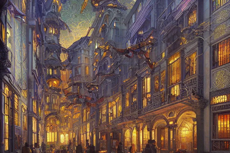 Image similar to beautiful painting of an art moderne city, glowing windows. reflective detailed textures, moth wings and flowering vines and brushed steel, highly detailed dark fantasy science fiction painting by donato giancola and peter mohrbacher and nicholas roerich and diego rivera, elaborate geometric ornament, silver and cool colors. artstation