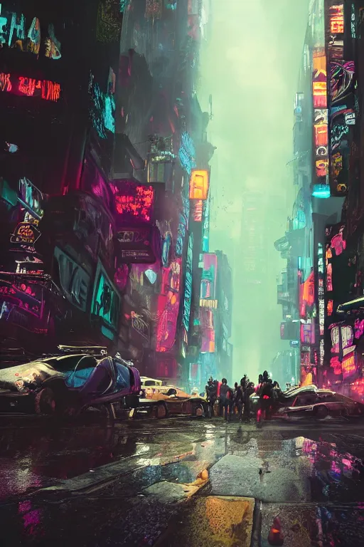 Image similar to cinematic photo of ancient overgrown cyberpunk new york city with cars and people, holograms, night, rain, flowers, beautifully lit, hyperdetailed, unreal engine, photorealistic, denis villeneuve film look, blade runner set