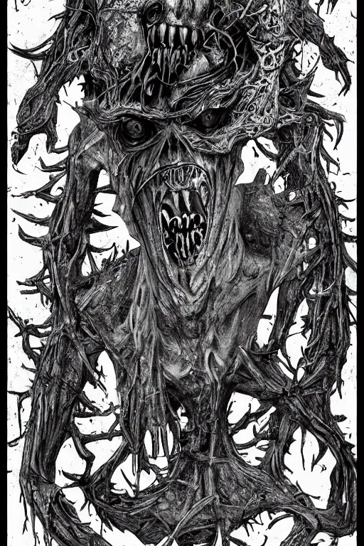 Image similar to black and white illustration, creative design, body horror, rotting monster