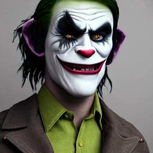 Image similar to octane render of a human version of the trollface meme with joker makeup and wearing a suede jacket and jeans, 8 k, very detailed, very intricate, white background,