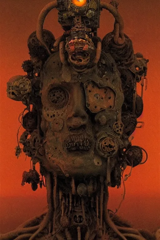 Prompt: by beksinski, by diane arbus, photorealistic head portrait of a mechanical occult shaman mystic with steampunk headdress standing in front of a butane fire next to mechanical shrubs in a desolate desert at night, dramatic lighting, octane render, hyperrealism, photorealism, facing camera,