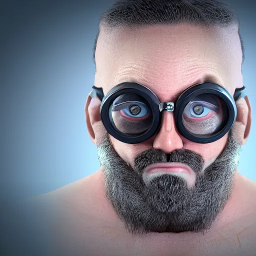 Prompt: highly detailed octane render of a close up portrait of an ugly man with a beard wearing goggles and looking concerned