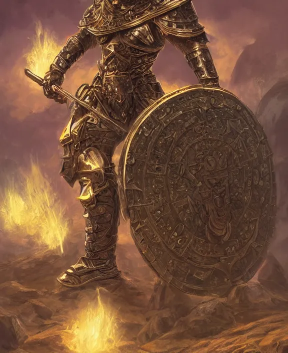 Image similar to strong warrior, fantasy, man, gilded shiny armour, contrast, holy, paladin, highly detailed, digital painting, artstation, concept art, wallpaper, smooth, sharp focus, illustration, illumination, raytracting, art by larry elmore, jeff easley, clyde waldwell, keith parkinson, daniel r horne