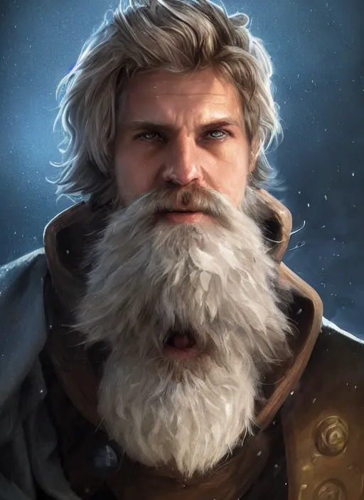 Image similar to 35 year old paladin missing an eye, Glowing white eye, shaggy hair, sad, scruffy beard, dungeons and dragons portrait, highly detailed, realistic body, digital painting, artstation, concept art, sharp focus, illustration, art by artgerm and greg rutkowski and alphonse mucha, Unreal Engine, 8k, HD