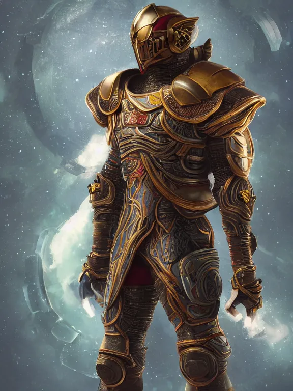 Prompt: full body frontview portrait of a warrior in space armour, d & d character design, designed in blender, 8 k hd, octane render, intricate and highly detailed, coloured with lots of colour, pose, fantasy, sharp focus,