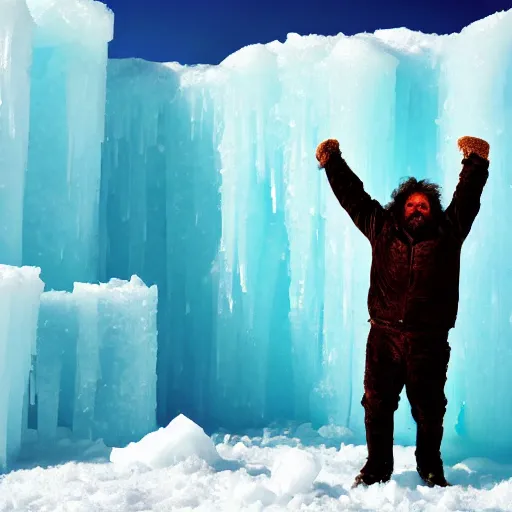 Prompt: caveman frozen in a huge block of ice. national geographic. contest winning