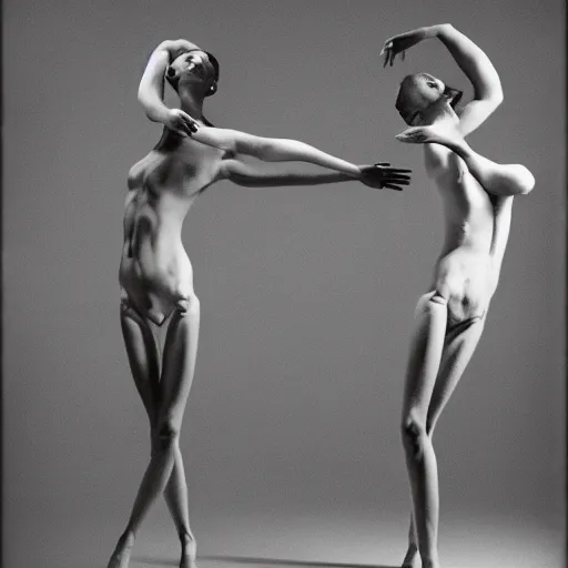 Image similar to Two elegant humanoid creatures fused at the shoulders dancing on their pointy limbs