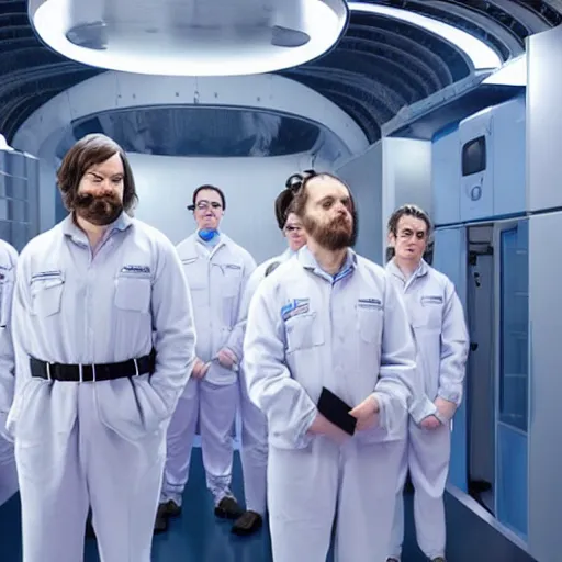 Image similar to troop jack black clones with white bob hairdos, tight light blue and lavender neopren suits, standing next to tall scientist looking at a clipboard, futuristic cloning facility, sci - fi, highly detailed, cinematic