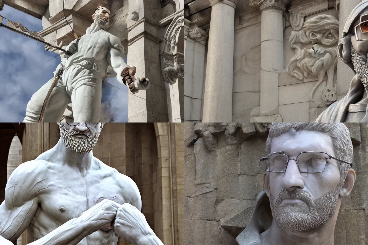 Prompt: A marble statue of Gordon Freeman photograph Roman close angle