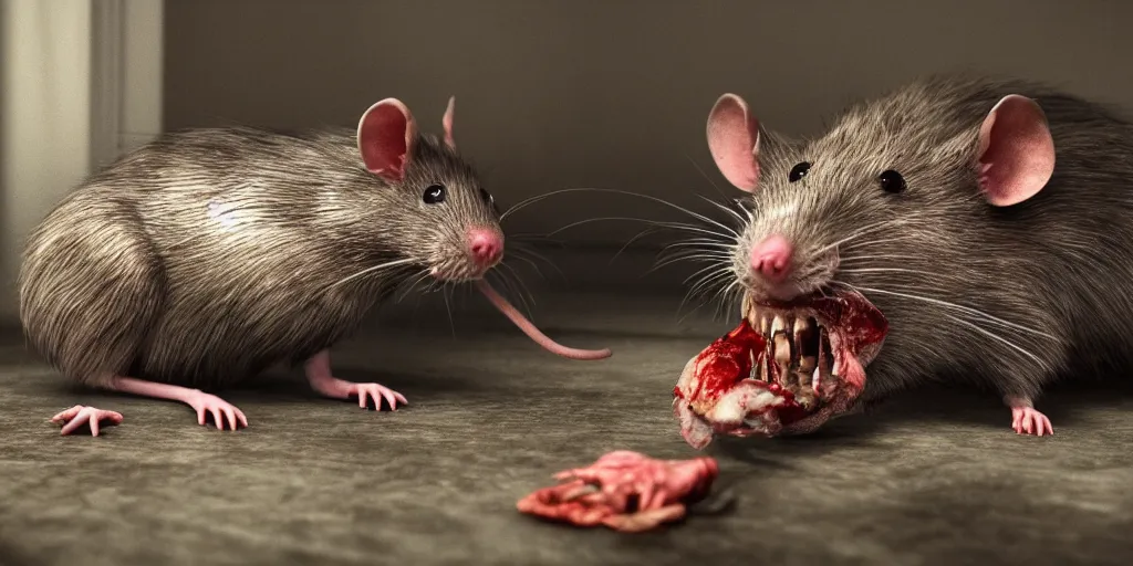 Image similar to a highly detailed photographic render of a human size rat eating a corpse in a living room, scary, gore, blood, rat man, horror sci-fi, horror science fiction, biology, horror, cinematic, cinematic horror, cinematic lighting, cinematic scene, cinematic render, film, horror film, beautifully lit, ray traced, octane 3D render, octane render, unreal engine