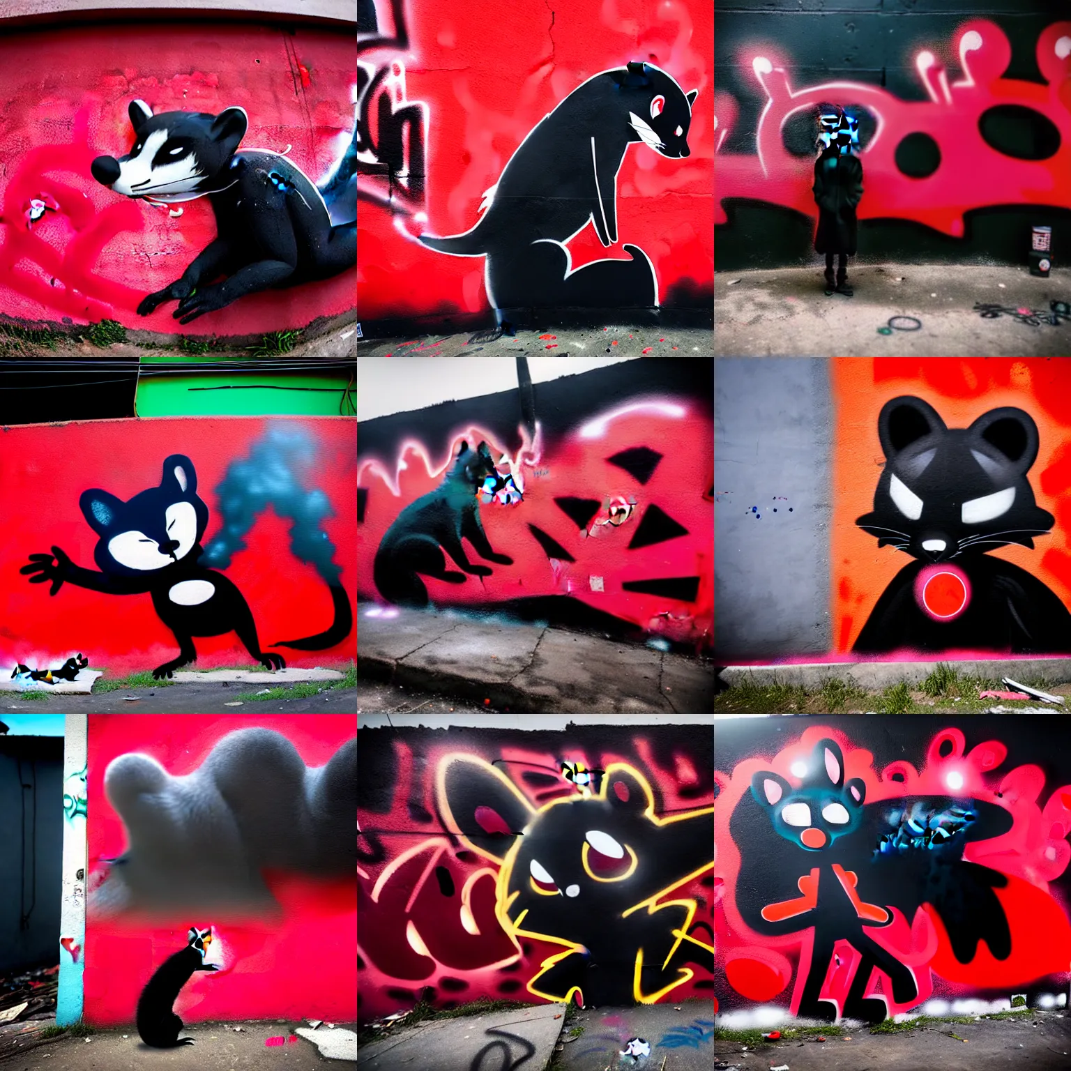 Prompt: photo ( far _ shot ), subject [ furry _ fandom _ fursona _ original _ character ( red - black, anthropomorphic _ humanoid _ furry, weasel - ferret - stoat ) ], background ( dark _ smoke ), medium [ graffiti ( spray _ paint, concrete _ wall ) ], location ( favela )