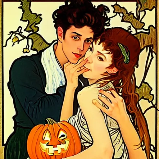 Image similar to painting of handsome young delicate beautiful jeffrey in his 2 0 s with brown hair and gorgeous rina together at the jack o'lantern halloween party holding pumpkins, elegant, clear, painting, stylized, art, art by alphonse mucha, vincent van gogh, egon schiele,