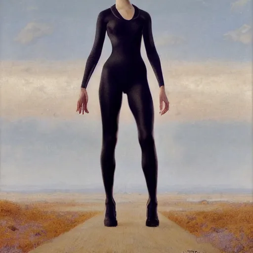 Image similar to full body portrait of a beautiful woman with a perfect face and body wearing a transparent plastic skin tight jumpsuit with circular cutouts, Edgar Maxence and Ross Tran and Michael Whelan and Gustav Klimpt