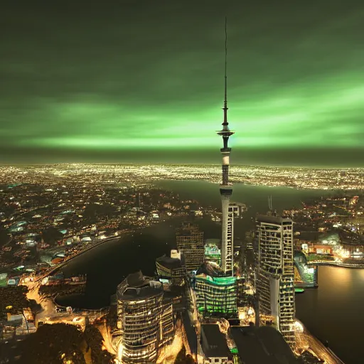 Image similar to auckland sky tower, green lighting, evil, artstation, octane render