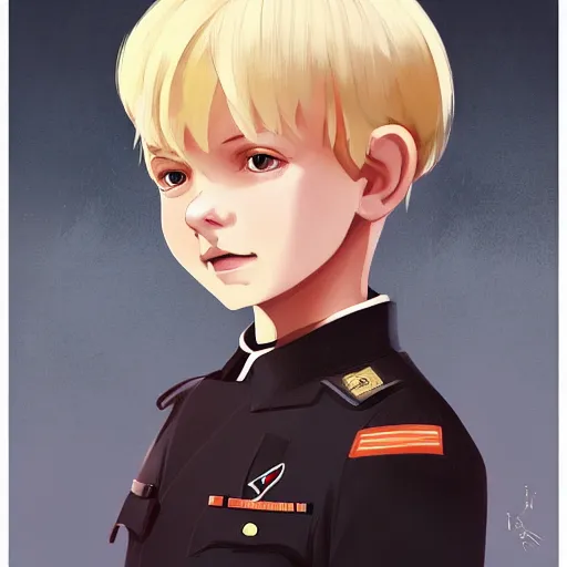 Prompt: portrait of blonde little boy wearing nazi uniform by ilya kuvshinov and anna dittmann and studio ghibli and wlop and rossdraws, digital art, trending on artstation, anime arts, featured on pixiv, red lighting, hd, 8 k, highly detailed, good lighting, beautiful, epic, masterpiece