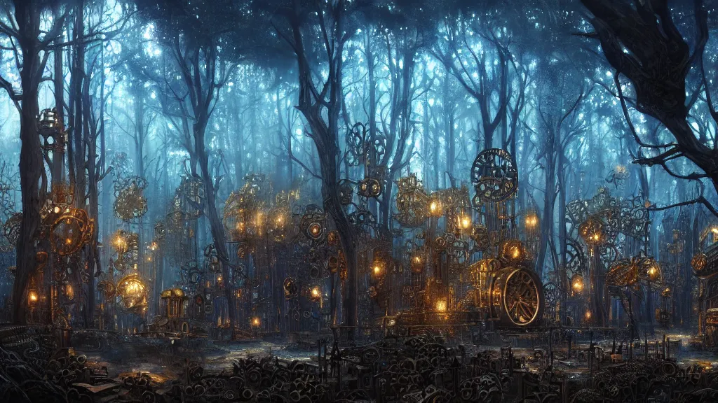 Image similar to a vast clockwork forest at night, steampunk machinery, automatons, trees made out of gears, magical mystical blue lighting, intricate matte painting, highly detailed oil painting, epic fantasy art, artstation, masterpiece, 8k