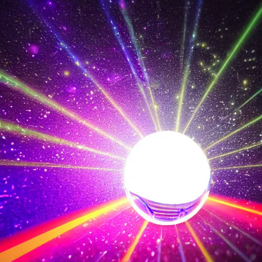 Image similar to ultrarealistic photograph of a disco ball with a high - powered laser shooting light and dispersing full spectrum light beautifully onto the surrounding surfaces, light dispersion, light effects, 3 d render, octane render, luxcore render, light caustics, light dispersion, 8 k