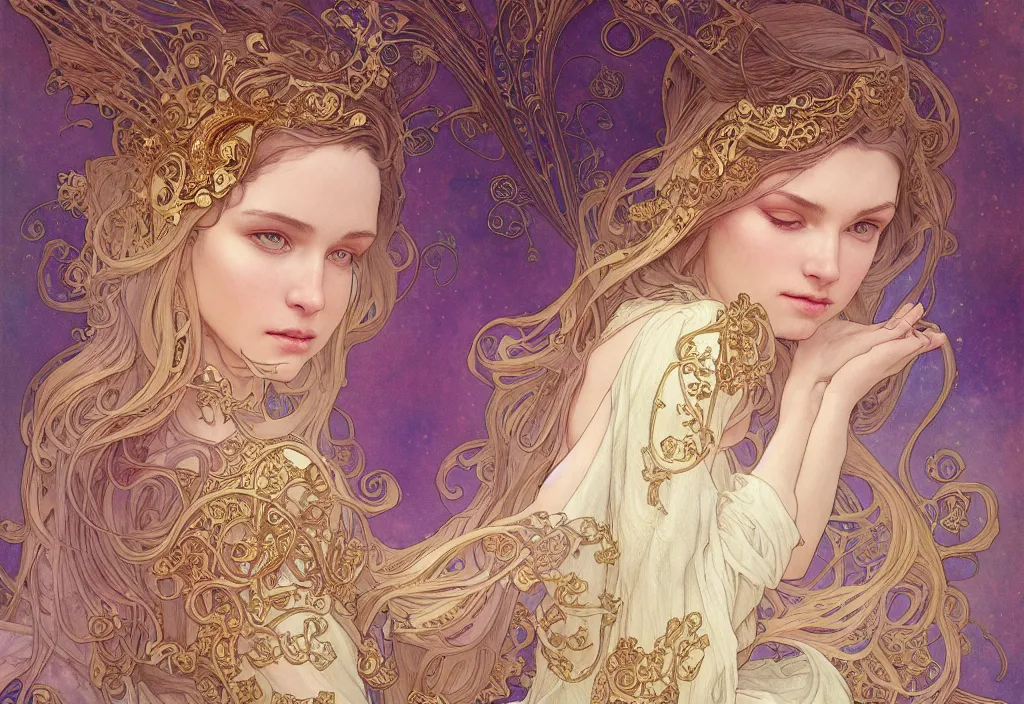 Image similar to an angel, highly detailed, very intricate, art nouveau, gold filigree, romantic storybook fantasy, soft cinematic lighting, award - winning, disney concept art watercolor illustration by mandy jurgens and alphonse mucha and alena aenami, pastel color palette, featured on artstation