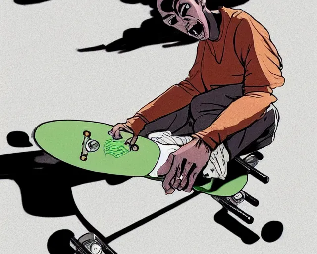 Image similar to a study of a cell shaded cartoon of a monk on a skateboard, illustration, subtle colors, post grunge, concept art by josan gonzales and wlop, by james jean, Victo ngai, David Rubín, Mike Mignola, Laurie Greasley, highly detailed, sharp focus, alien, Trending on Artstation, HQ, deviantart, art by artgem