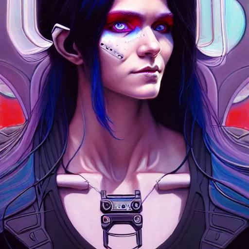 Image similar to portrait painting of a cyberpunk elf with beautiful flowing black hair and eyes, sharp focus, award - winning, trending on artstation, masterpiece, highly detailed, intricate. art by josan gonzales and moebius and deathburger