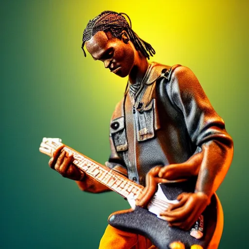 Image similar to Travis Scott playing guitar, as a figurine, studio, light, trending on artstation, 8K,