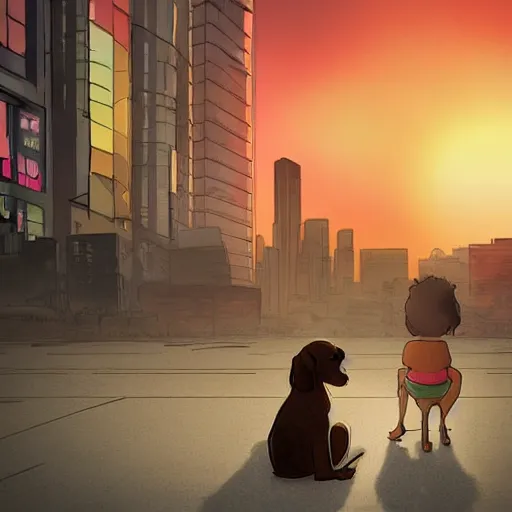 Prompt: a dog and a child sitting and looking at the sunset in a cyberpunk city, digital art by the rusted pixel