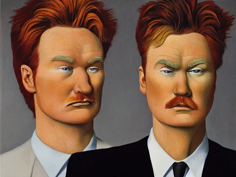 Prompt: Close-up portrait of Conan O'Brien , painting by René Magritte, high detail, high resolution