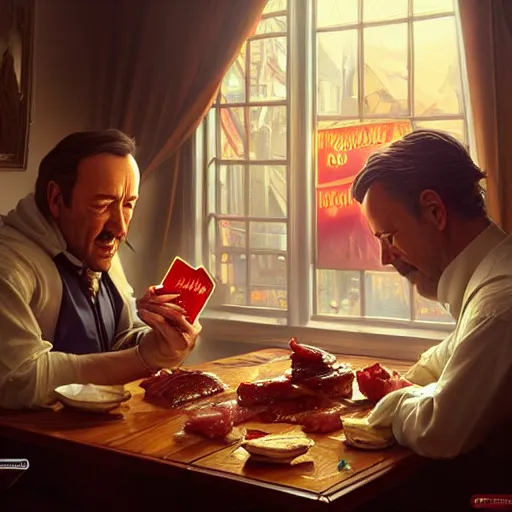 Prompt: Kevin Spacey eating big macs, dripping BBQ Sauce, serving happy meals, D&D, spilling ketchup, fantasy, intricate, elegant, highly detailed, digital painting, artstation, concept art, matte, sharp focus, illustration, hearthstone, art by Artgerm and Greg Rutkowski and Alphonse Mucha