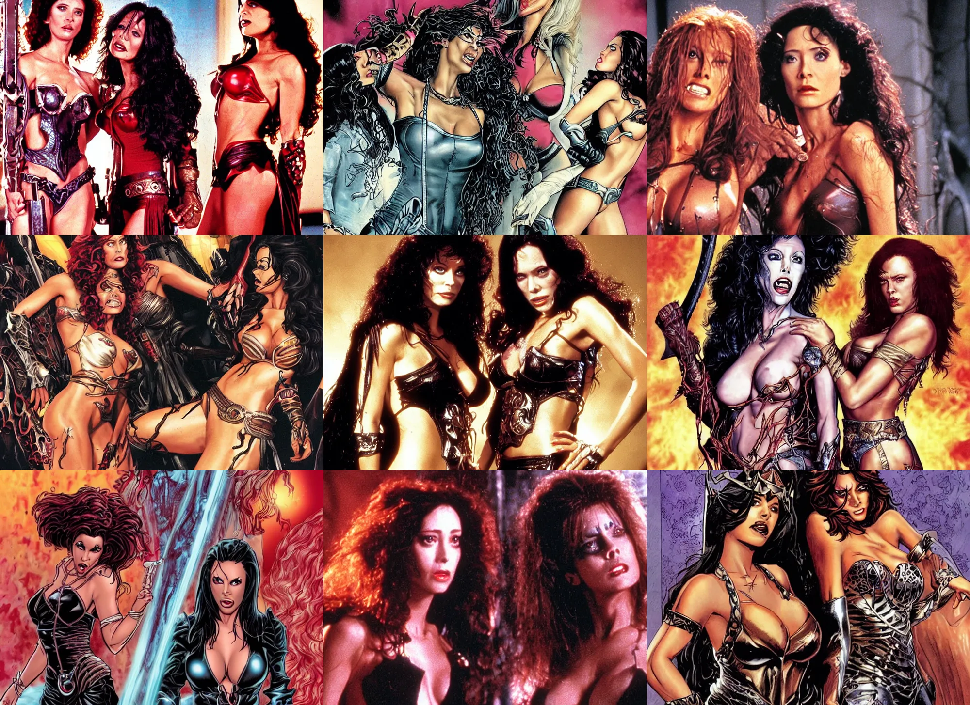 Prompt: witchblade and dejah thoris in 8 0 s scream queen movie scene