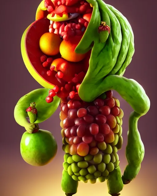 Prompt: a fruit figurine monster made of different fruit, concept art, oil painting, highly detailed, dramatic lighting, hyperrealistic, 8 k, artstation, cgsociety