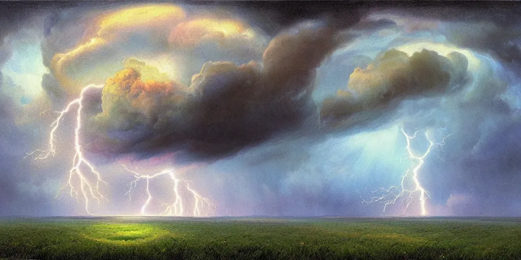 Image similar to a raging storm over a meadow with lightning ripping open an iridescent portal to blue skies behind, illustration, detailed, smooth, soft, warm, by Adolf Lachman, Shaun Tan, Surrealism