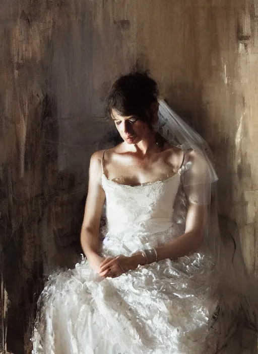 Image similar to portrait painting of a woman posing in an artistic over a bed, white lace wedding dress by jeremy mann, only one head single portrait