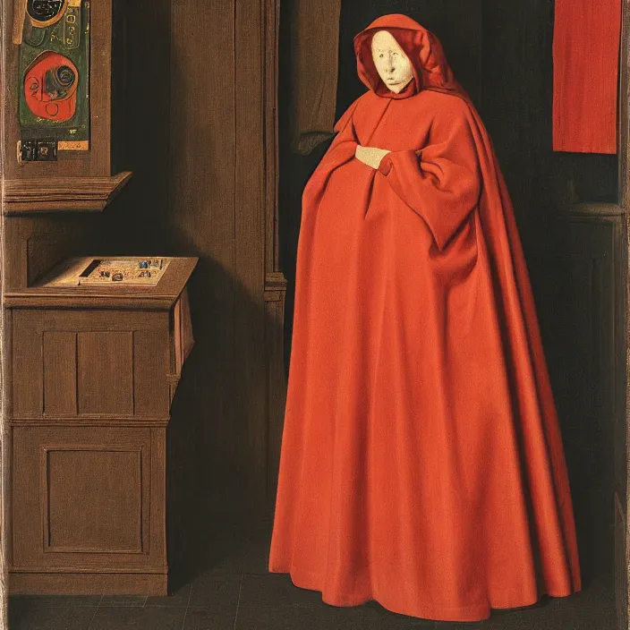 Image similar to a woman in a hooded cloak, in a casino, color photograph, by jan van eyck, canon eos c 3 0 0, ƒ 1. 8, 3 5 mm, 8 k, medium - format print