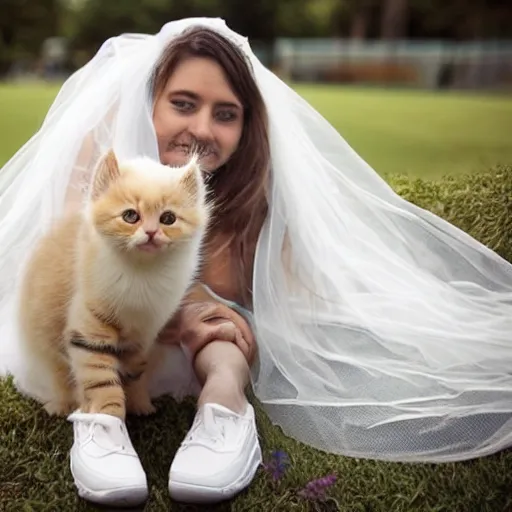 Prompt: cute kitten with a beard wearing bride veil and tennis shoes