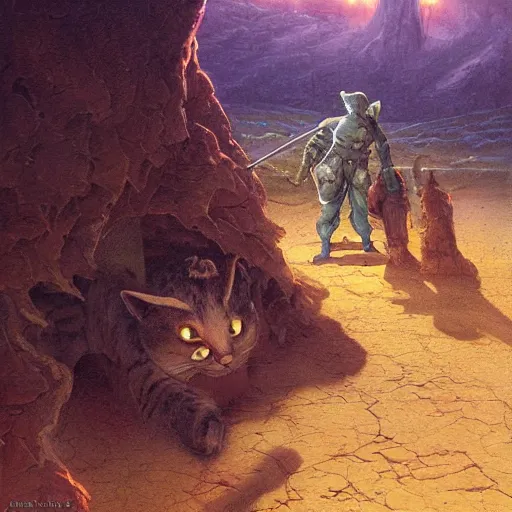 Prompt: A cat soldier searching for secret shelter in the green moonlit desert, surrealism, by Tyler Edlin and Jean Delville,