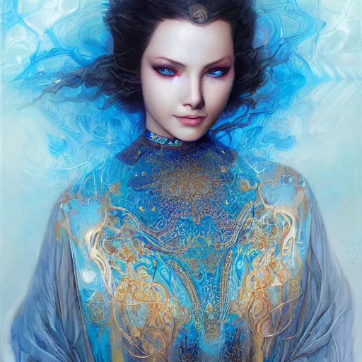 Image similar to a beautiful woman wearing a kaftan manipulating water by karol bak, ayami kojima, artgerm, river, water, blue eyes, smile, concept art, fantasy