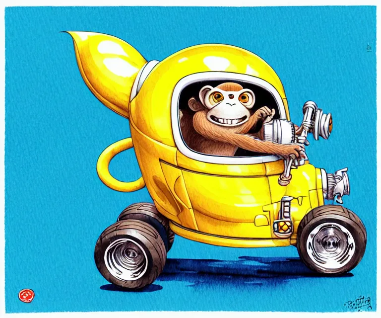 Image similar to cute and funny, monkey wearing a helmet riding in a tiny hot rod with oversized engine, ratfink style by ed roth, centered award winning watercolor pen illustration, isometric illustration by chihiro iwasaki, edited by range murata, tiny details by artgerm, symmetrically isometrically centered