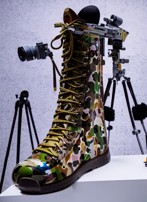 Image similar to hyperrealistic and heavy detailed product photo bape avant garde boots of movie the fifth element, in front of white back drop, whole shoe is in picture, leica sl 2 5 0 mm, vivid color, high quality, high textured, real life