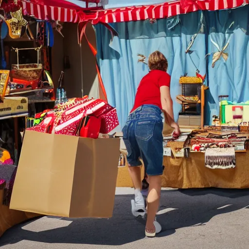 Image similar to hyperrealistic photo of the Snappy Gifts mascot delivering gifts in a flea market