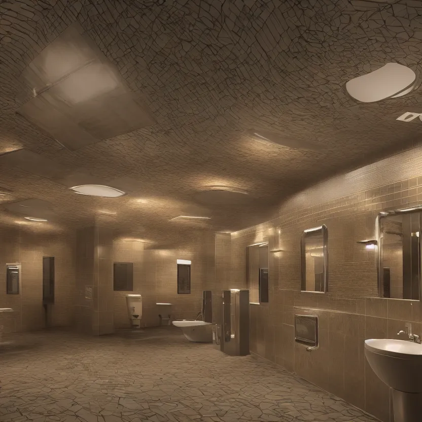 Prompt: an infinite public restroom with many stalls and sinks, cinematic lighting, volumetric lighting, award winning photography, highly detailed, intricate, sharp focus, 4 k wallpaper, unreal engine, 9 0 mm, f / 1. 4