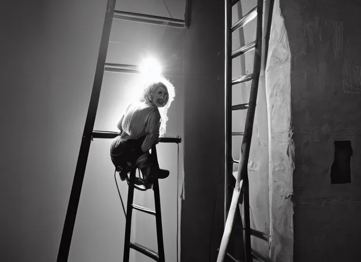 Image similar to photo still of tuesday weld climbing a ladder, 8 k, studio lighting bright ambient lighting key light, 8 5 mm f 1. 8