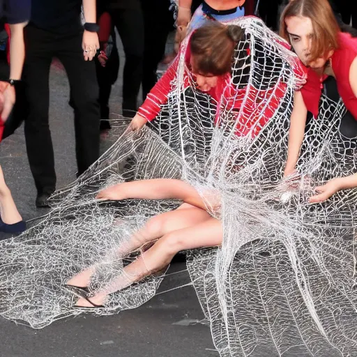 Image similar to emma watson stuck to the ground with giant spider webs