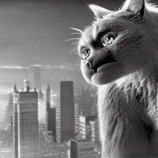 Image similar to A still of a cat climbing the Empire State Building in King Kong (1933)