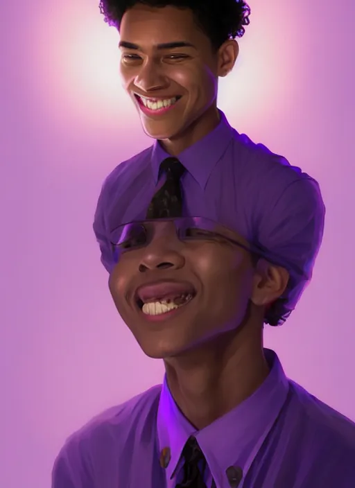 Prompt: portrait of chuck clayton, lightskin black teenage boy, very short curly hair, very short hair, short hair, strong jawline, square jaw, smile, purple button up shirt, intricate, elegant, glowing lights, highly detailed, digital painting, artstation, concept art, smooth, sharp focus, illustration, art by wlop, mars ravelo and greg rutkowski